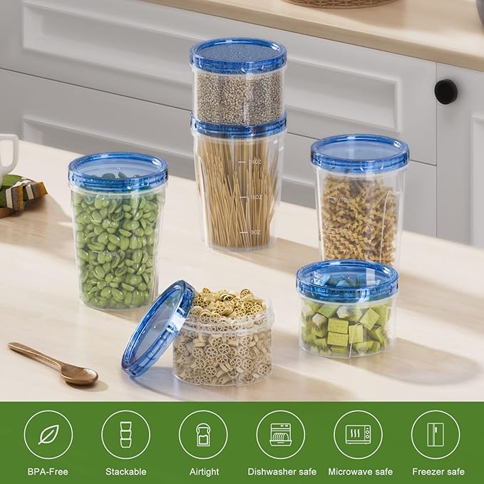 Reusable Freezer Storage Container Sets with Airtight Twist Top Lid, [12 Pack-16 oz] Round BPA-Free Plastic Containers with Lids for Kitchen Meal Prep, Microwave, Dishwasher and Freezer Safe