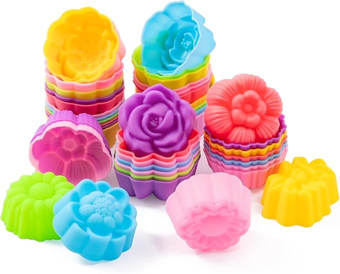 R HORSE Mini Silicone Cupcake Molds - 42Pcs 2 Inch Multi Flower-Shaped Baking Cups, Reusable Non-Stick Muffin Baking Cups Cupcake Wrappers for Dessert Pudding Donut Oven Microwave Dishwasher Safe