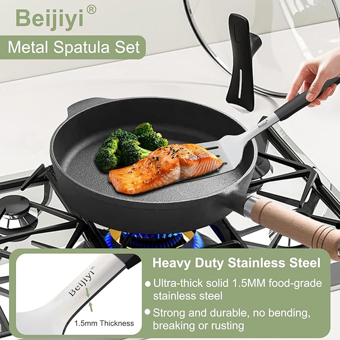 Beijiyi 2-Piece Stainless Steel Spatula Set, 13.3" & 11.3" Slotted Turner, Heavy Duty Metal Spatulas for Cast Iron Skillet and Grilling Cooking with Silicone Handle, Flipper for Steak, Burger and Eggs