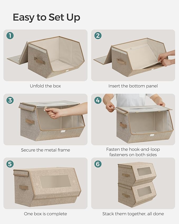 SONGMICS Stackable Storage Bins Set of 2, Storage Boxes with Lids and Front Windows, Non-Woven Fabric Closet Organizers with Magnetic Closures, Side Handles, Sand Beige URLB002Y01