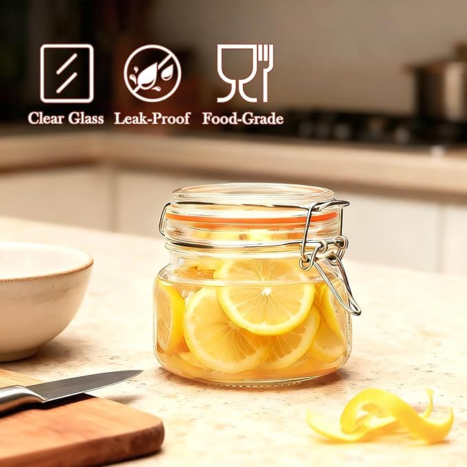Encheng 16 oz Glass Jars With Airtight Lids And Leak Proof Rubber Gasket,Wide Mouth Mason Jars With Hinged Lids For Kitchen,Glass Storage Containers 6 Pack