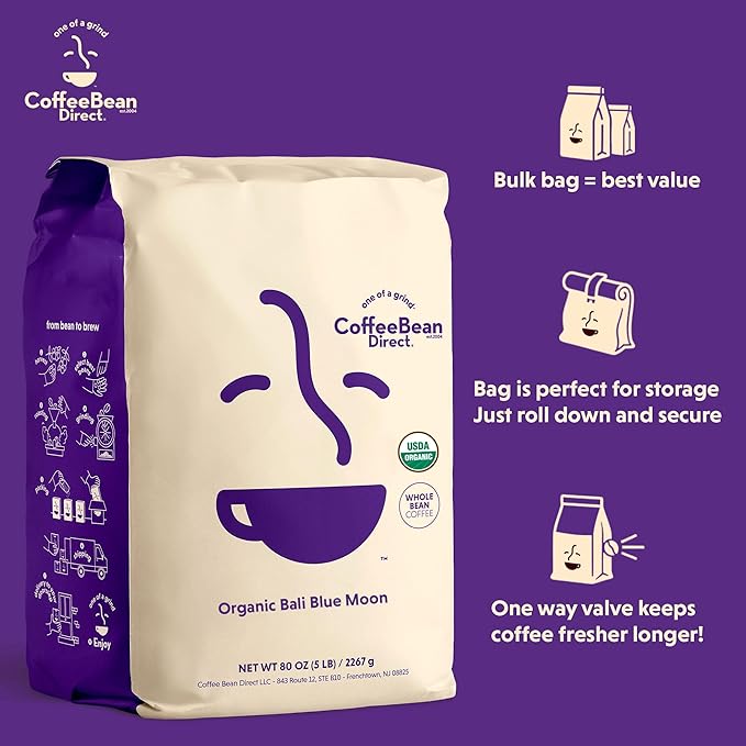 Coffee Bean Direct Organic Bali Blue Moon, Whole Bean Coffee, Light Roast, 5 Pound Bag (Pack of 1)