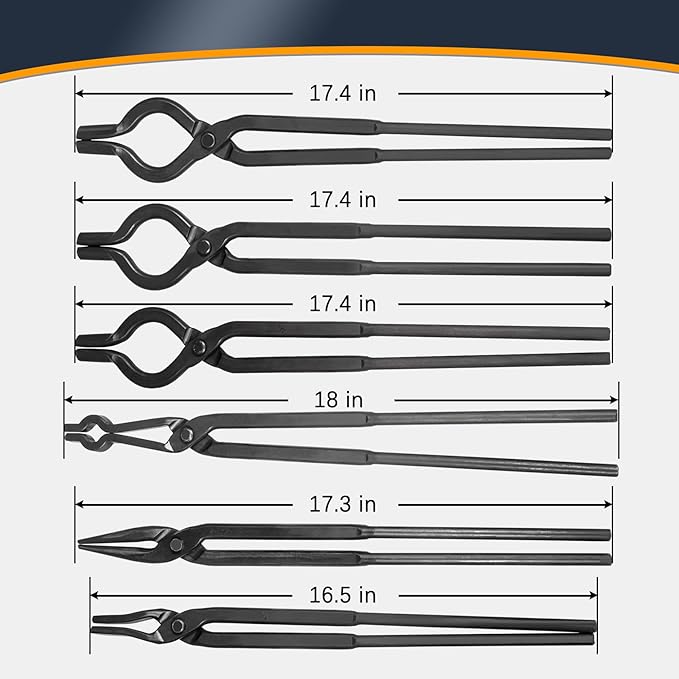 Blacksmith Knife Making Tongs Set - 3/8" 1/2" 5/8" V-Bit, 1/4 Flat Jaw, Pick Up, Scroll - Assembled Blacksmithing Bladesmith Steel Forge Tongs (6PCS)