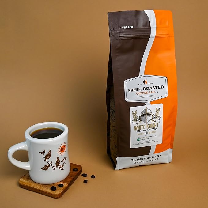 Fresh Roasted Coffee, Organic White Knight | USDA Organic, Kosher | Light Roast 2 lb (32 oz), Whole Bean