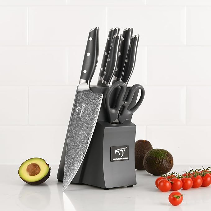 NF NANFANG BROTHERS Damascus Kitchen Knife Set, 7-Piece with Block, ABS Ergonomic Handle, Carving Fork, Disconnect-type Knife Block (Grey)