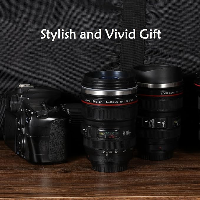 Camera Lens Coffee Mugs,Stainless Steel Lens Cups with Four Leaf Clover Spoon,Novelty Christmas Gifts for Photographers Sweeties Dad Men Women Photography Lovers
