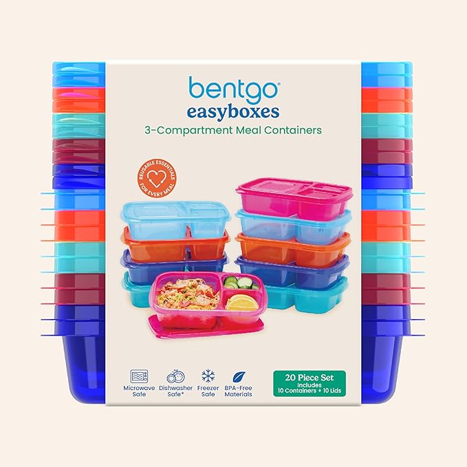 Bentgo Easyboxes - Original Stackable Lunch Boxes - Reusable 3-Compartment Food Containers for Kids and Adults - Bento Lunch Box for Meal Prep, School, & Work - BPA Free, Set of 10 (Jewel Brights)