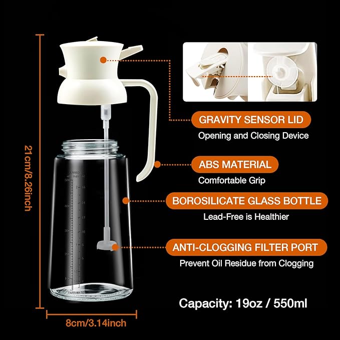 YARRAMATE Large Capacity 2 in 1 Oil Sprayer for Cooking with Measuring, 18oz/550ml Olive Oil Dispenser for Kitchen, Food-grade Oil Spritzer Bottle for Air Fryer, Salad BBQ (Creamy White)