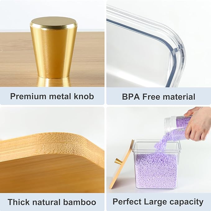 Hudgan 4 Pack Acrylic Storage Containers with Measuring Scoops for Kitchen, Laundry, Pantry, Clear Sturdy Plastic with Gold Handle Perfect for Dried Goods, Snacks, Detergent