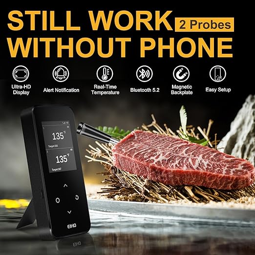 EIHO Wireless Bluetooth Meat Thermometer with 2 Ultra-Thin Probes, Smart Digital Food Thermometer 600FT Remote Range, Standalone Smart Base for Grill Smoker Roast Oven, Cooking Gifts