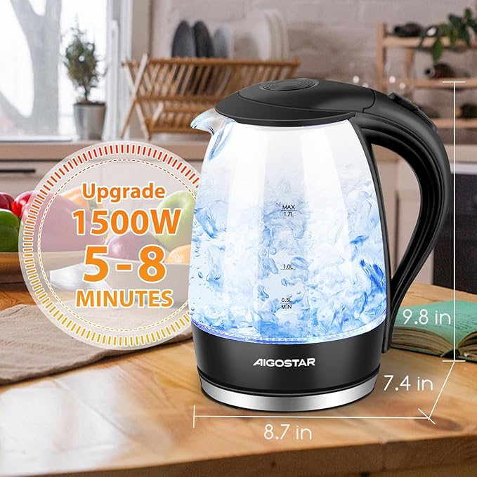 Aigostar Electric Kettle, 1500W Cordless Electric Tea and Hot Water Kettle with Filter, LED Illuminated, High Borosilicate Glass, No BPA, Auto Shutoff, Boil-Dry Protection, 360° Base, 1.7 Liter