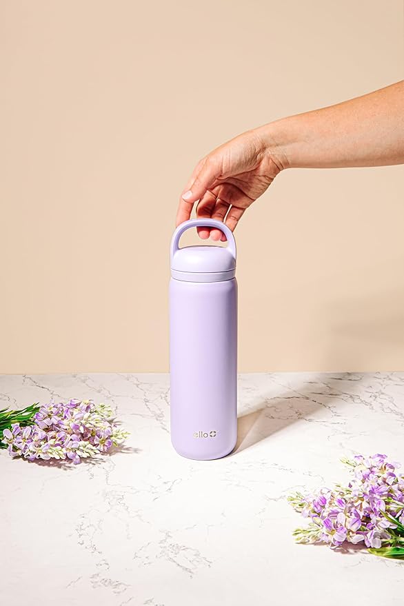 Ello Cooper 22oz Stainless Steel Water Bottle with 2 Lids Chug and Straw | Leak Proof Double Walled and Vacuum Insulated | Fits Car Cupholder | Built in Carry Loop | Dishwasher Safe | Lilac