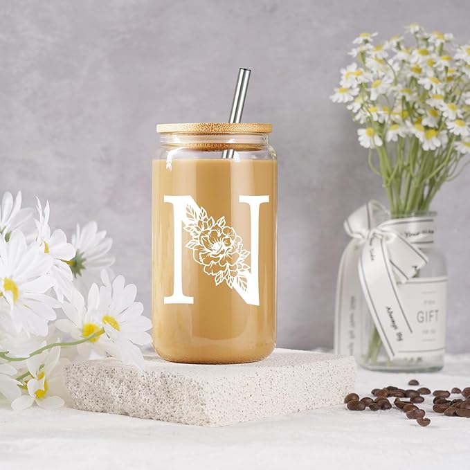 Coolife Initial Glass Cup, Monogrammed Gifts for Women, 16 oz Glass Cups w/Lids Straws, Iced Coffee Smoothie Beer Tumbler w/Straw Lid - Personalized Christmas, Birthday Gifts for Her Mom Friend Woman