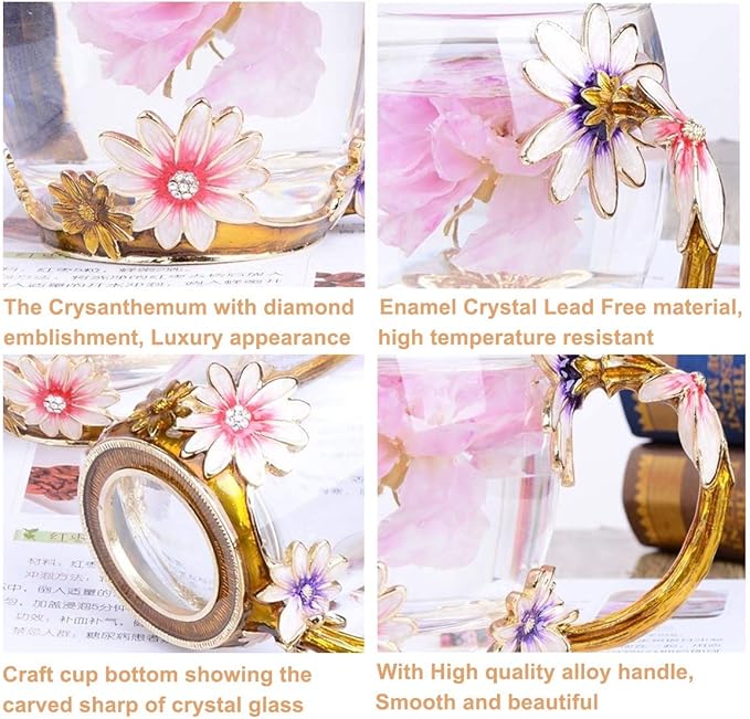 Handicraft Crystal Glass 3D Flower Cups Tea Mug With Tea Spoon Women Coffee, Tea, Juice, Beer, Milk Hot And Cold Drinks Use Gift Package. (Chrysanthemum, 12 OZ)