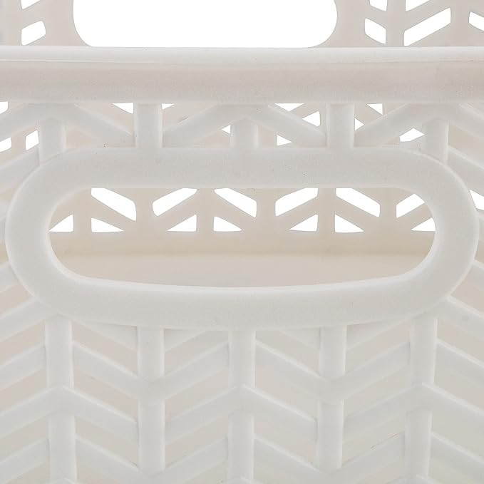 Simplify 3 Pack Small Herringbone Storage Basket | Dimensions: 10"x8"x4" | Light Weight | Two Open Handles | White | Organization | Many Uses | Kitchen Storage | Bathroom Storage |
