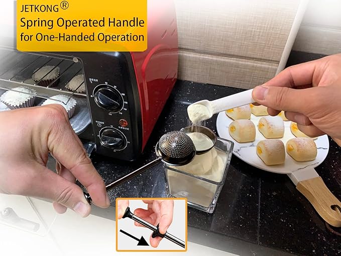 JETKONG Powdered Sugar Shaker Duster Flour Dispenser Shaker with 18/8 Stainless Steel Spring-operated Handle for Sugar Flour and Spices (Black)