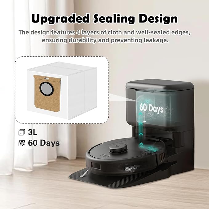 12 Pack L60 L50 Dust Bags Compatible with Eufy L60 SES, L50 SES Robot Vacuum Self-Empty Station, Upgraded 3 L Large Vacuum Replacement Bags