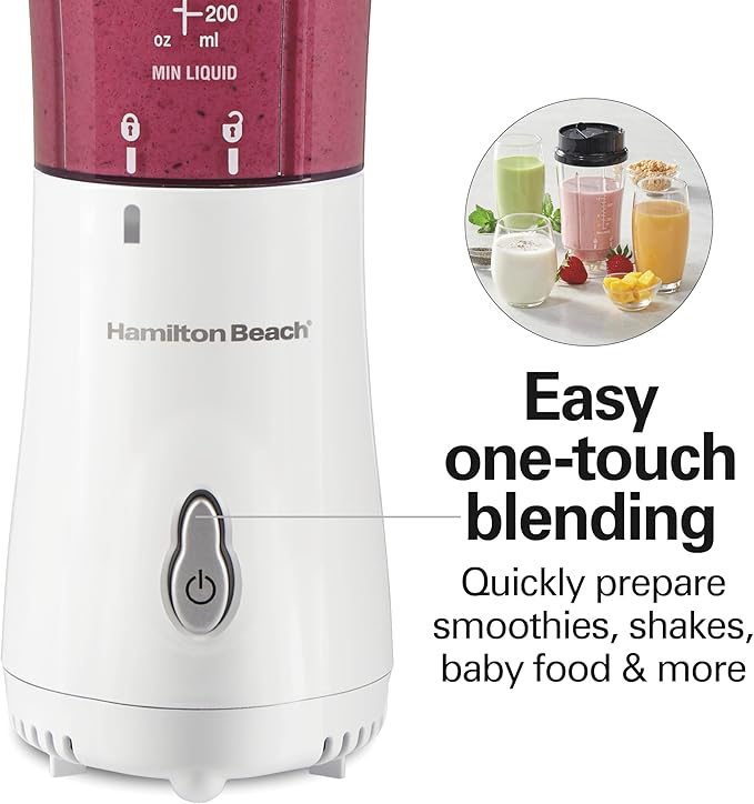Hamilton Beach Portable Blender for Shakes and Smoothies, 14 Oz BPA Free Travel Cup & Lid, Durable Stainless Steel Blades, Personal Smoothie Blender, White ( 51101V)