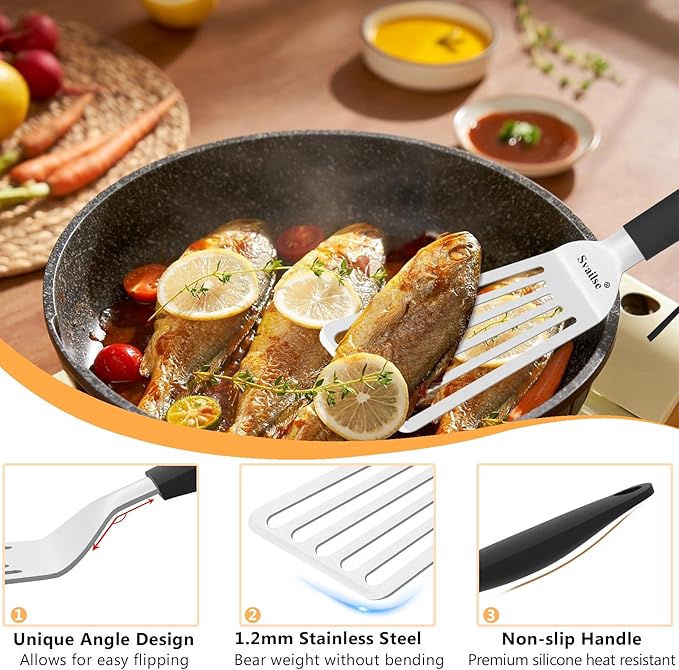 Fish Spatula Stainless Steel, 2Pcs Thickened Metal Spatulas, Slotted Turner with Silicone Handle for Cooking, Grilling, Flipping, Egg, Cookie, Pancake and Burger (Small and Large)
