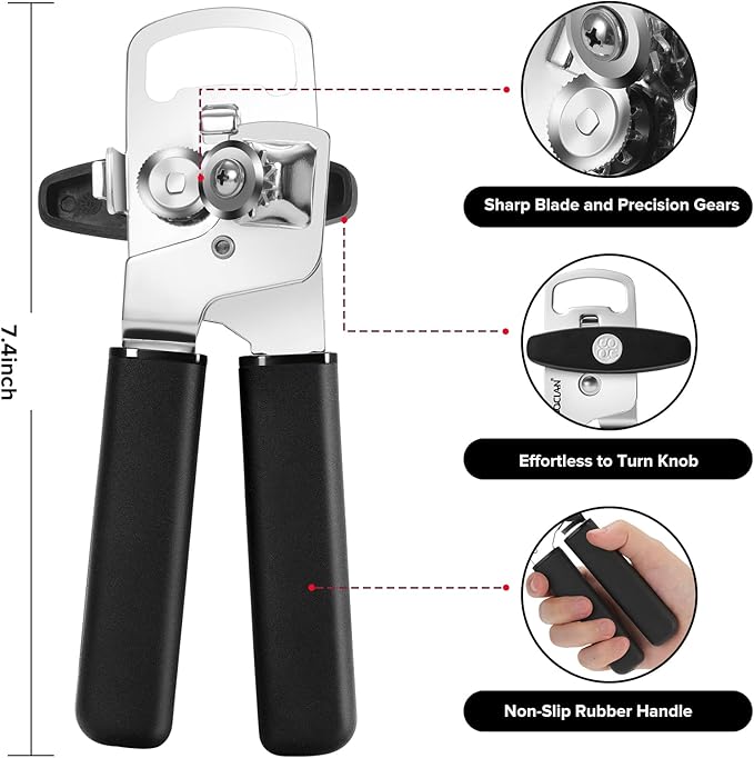 Can Opener Manual 2-in-1 with Magnet, Hand Held Can Openers with Stainless Steel Sharp Blade (Smooth Cut), Large Effortless Turn Knob, Non-Slip Soft Rubber Handle, Built-Bottle Openers, Black