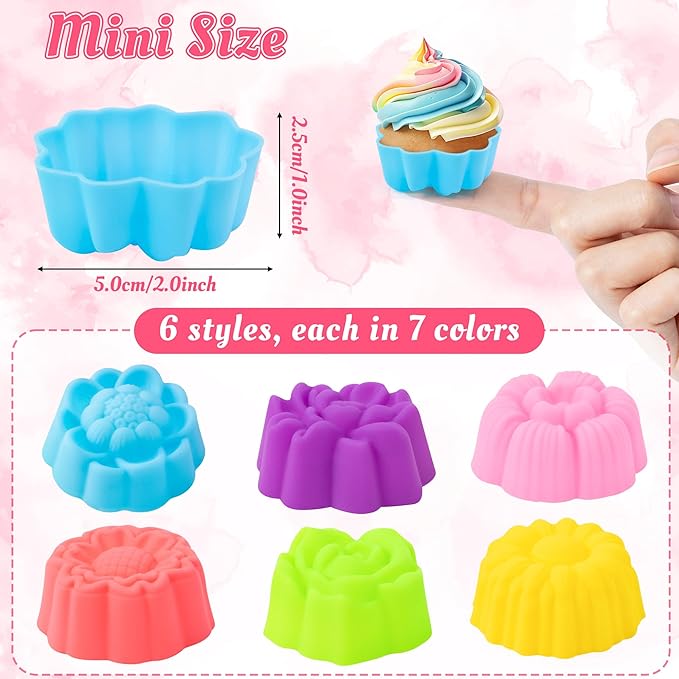 R HORSE Mini Silicone Cupcake Molds - 42Pcs 2 Inch Multi Flower-Shaped Baking Cups, Reusable Non-Stick Muffin Baking Cups Cupcake Wrappers for Dessert Pudding Donut Oven Microwave Dishwasher Safe