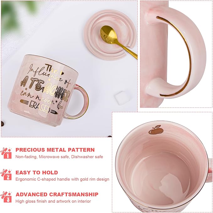 Teacher Appreciation Gifts for Women, Christmas, Birthday, Retirement, Back to School, Graduation, End of Year Gifts - The Influence of A Teacher Can Never Be Erased, 14oz Golden Pattern Marble Mug