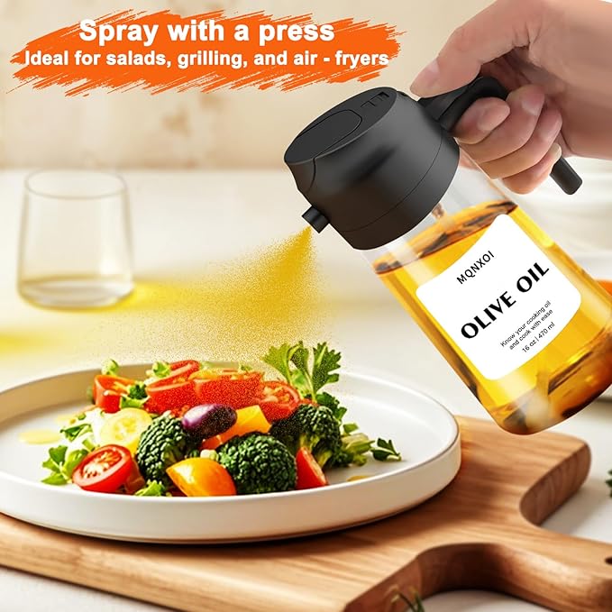 2 in 1 Glass Oil Sprayer & Dispenser,16oz/470ml Olive Cooking, Air Fryer, and Salad, for Kitchen Gadgets and Air Fryer Accessories, w/Stickers (Black + White Bottle 2)