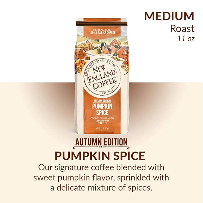 New England Coffee Pumpkin Spice Medium Roast Ground Coffee, 11oz Bag (Pack of 3)