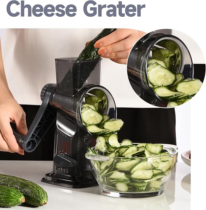 Rotary Cheese Grater with Handle Kitchen Shredder Slicer Grater Slicer Ice Shaver Cheese Vegetable Nuts Potato Zucchini Chocolate 3 Interchangeable Blades (Dark Grey TSP)