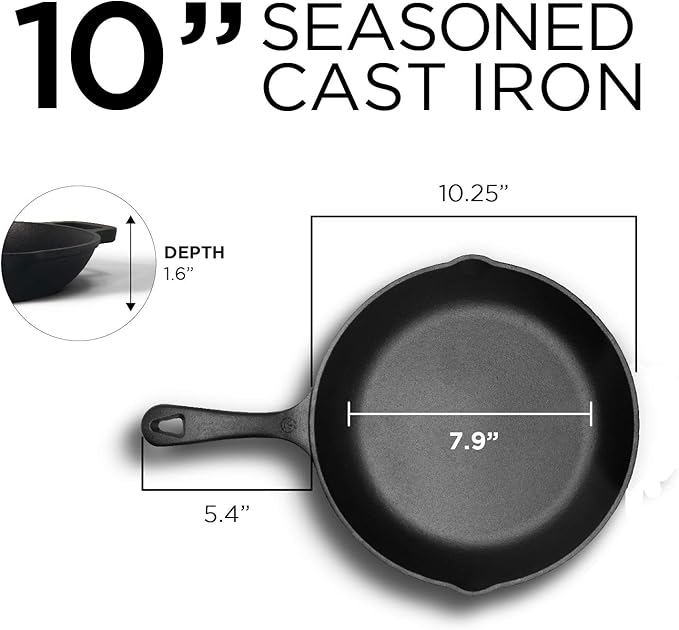 Commercial CHEF 10 Inch Cast Iron Skillet, Pre-Seasoned Cast Iron Pan with Dual Pour Spouts