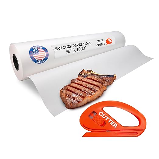 White Butcher Paper 36" x 12000" (1000 feet) with Cutter - USA-Made Natural Butcher Paper Roll for Meat & Fish - Uncoated, Unwaxed & Food-Grade Material for Smoker, Grilling & BBQ by IDL Packaging