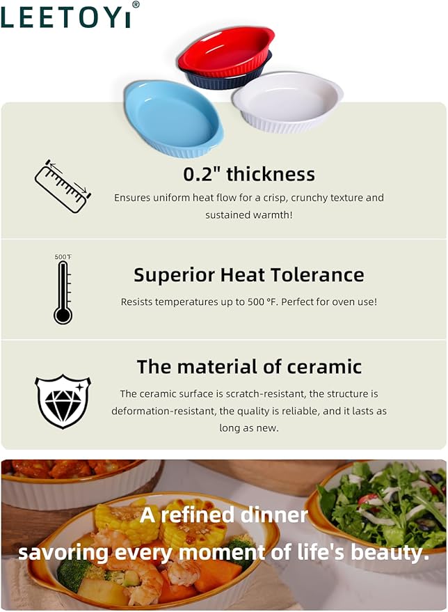 LEETOYI Porcelain Small Oval Au Gratin Pans, Baking Dish Set for 1 or 2 person servings, Bakeware with Double Handle for Kitchen and Home, Set of 2 (Navy)