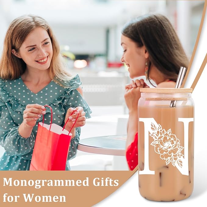 Coolife Initial Glass Cup, Monogrammed Gifts for Women, 16 oz Glass Cups w/Lids Straws, Iced Coffee Smoothie Beer Tumbler w/Straw Lid - Personalized Christmas, Birthday Gifts for Her Mom Friend Woman