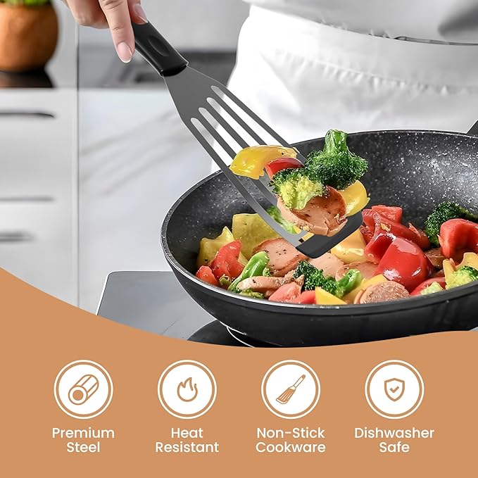 2Pack Silicone Fish Spatulas for Nonstick Cookware,Fish Turner Spatula Stainless Steel with Heat Resistant Silicone Edge,Metal Slotted Spatula for Flipping Fish Egg Patties Fries Pancake Steak (Black)