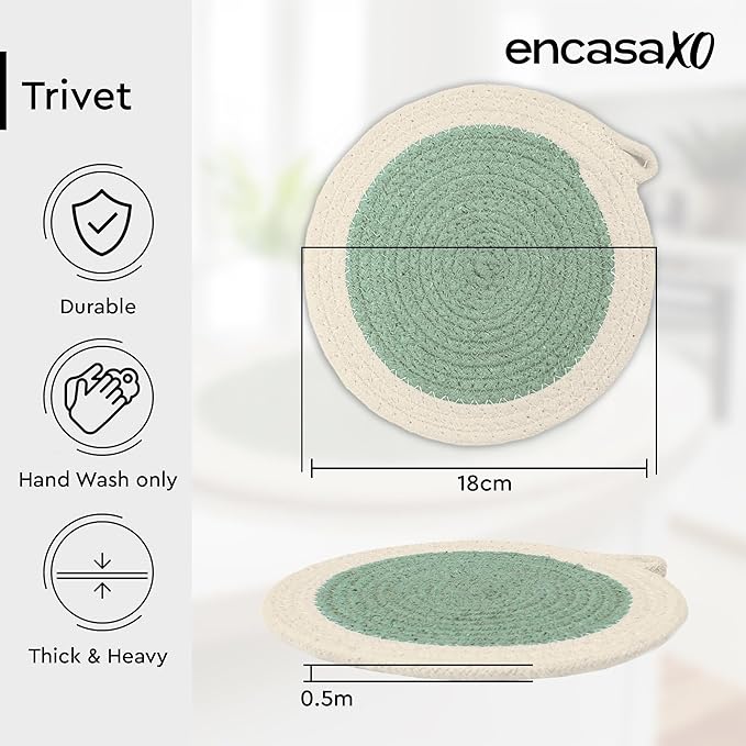 Encasa XO Round Trivet Mats for Hot Dishes with Hanging Loop | Sage Combo - Set of 6 with 7 inch Diameter | Cotton Round Thick Heat Resistant Pot Holders | Use Hot Pads Plate Mats for Hot Pots & Pans