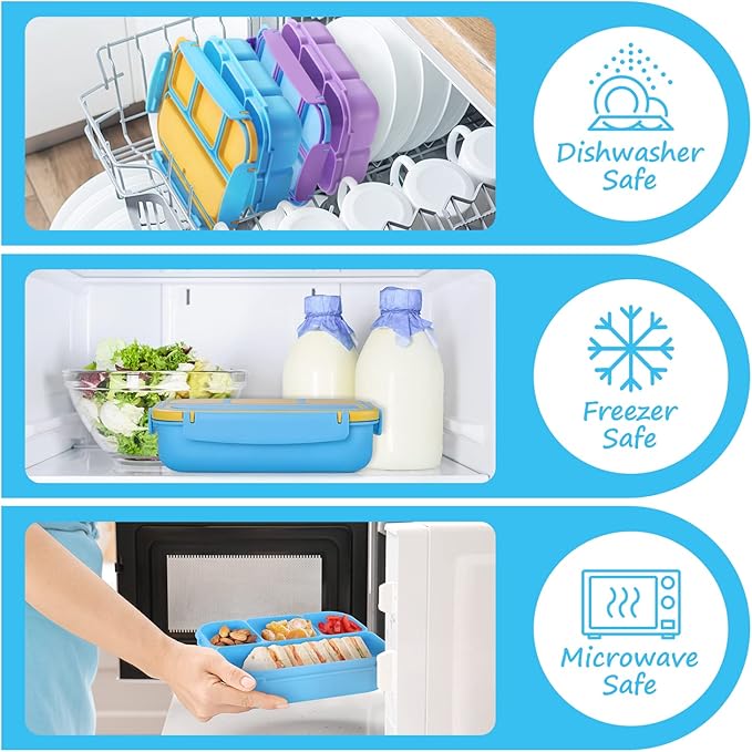QQKO Bento Lunch Box for Kids Girls Boys, Toddler Kids Lunch Boxes for School, Lunch Containers for Adults with 4 Compartments, Sauce Container, Utensils, Food Picks and Muffin Cups, Blue