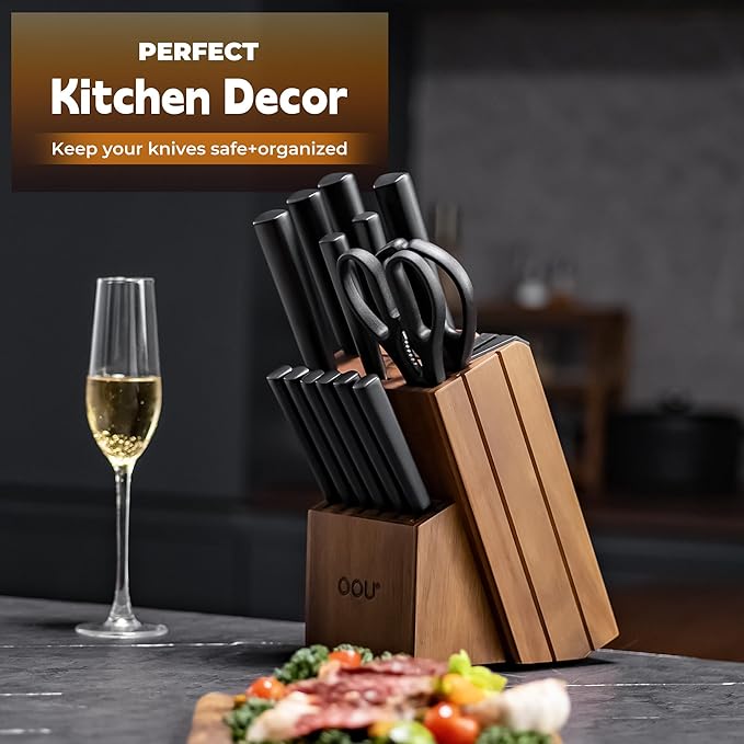 OOU Kitchen Knife Block Set - 15 Pieces High Carbon Stainless Steel Knife Block Set with Built-in Sharpening Blocks, Black