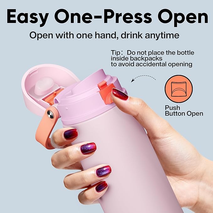 Insulated Water Bottle with Straw - Encool Stainless Steel Water Bottle with Push Button Lid, Leak-Proof & BPA-Free, Keeps Cold for 24 Hours for Sports, Travel, Gym (18 oz, Lily-Red)