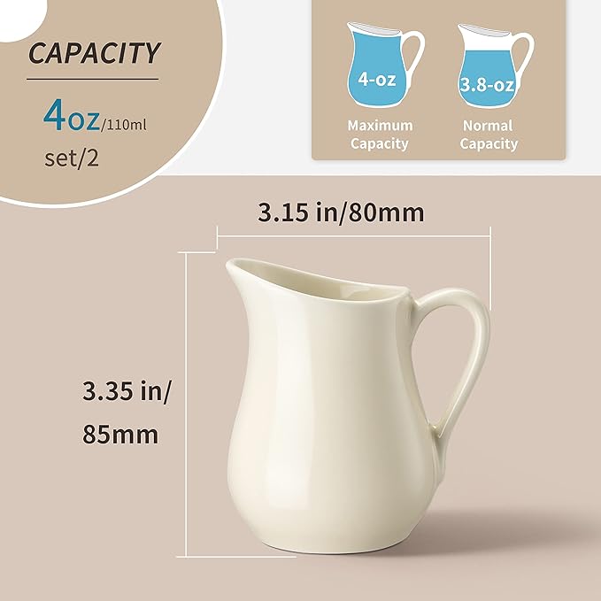 Gurygo 4 Ounce (Set/2) Ceramic Creamer Pitcher with Handle, Small Classic White Fine Porcelain Creamer Container, Small Milk Pitcher for Coffee Milk, Microwave & Freezer Safe (Beige)
