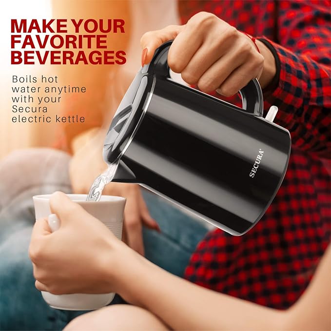Secura Stainless Steel Double Wall Electric Kettle Water Heater for Tea Coffee w/Auto Shut-Off and Boil-Dry Protection, 1.0L (Black) SWK-1001DB/HB-K012