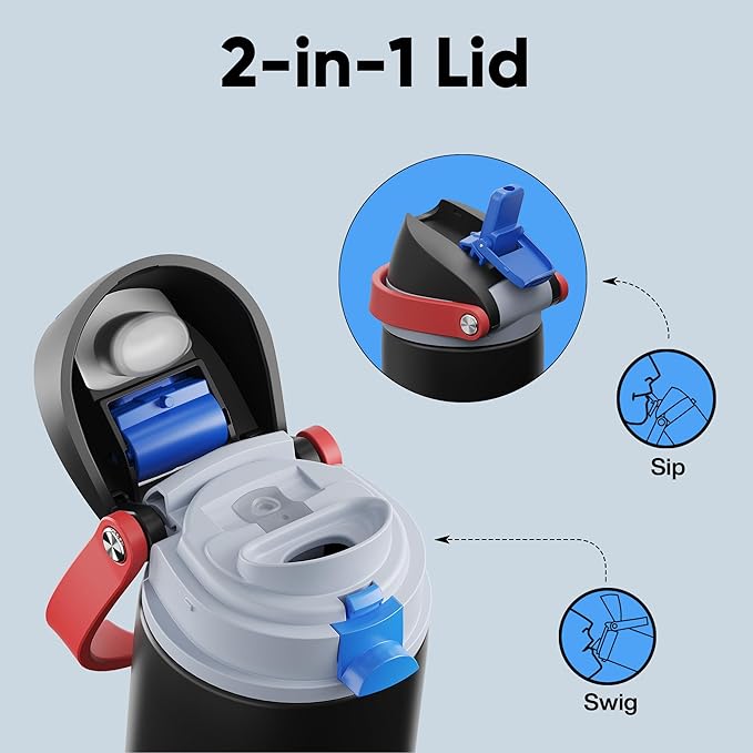 Insulated Water Bottle with Straw - Encool Stainless Steel Water Bottle with Push Button Lid, Leak-Proof & BPA-Free, Keeps Cold for 24 Hours for Sports, Travel, Gym (24 oz, Oil Black)