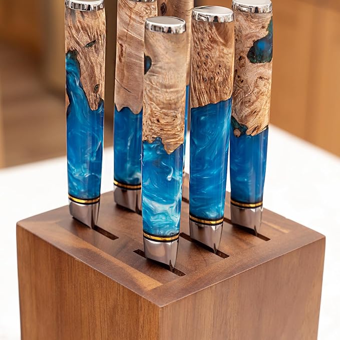 SENKEN Rotating Magnetic Knife Block without Knives, Natural Acacia Hardwood - 360 Degrees Rotation - Ultra Strong Neodymium Magnets, Universal Knife Holder & Storage (Block with Steak Knife Slots)