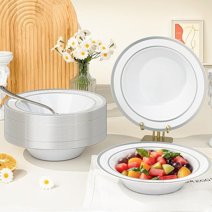 BESTVIP 50 Pack Plastic Bowls with Silver Rim, 12 oz Disposable Soup Bowls, Heavy-duty Dessert Salad Bowl for Party, Wedding, Christmas, Thanksgiving Catering and Dinner