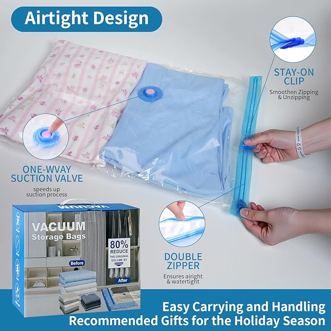 Travel Vacuum Storage Bags with hand Pump,15 Pack Compression Bags for Clothes, Space Saver for Luggage & Carry-on Suitcase, Leak-Proof