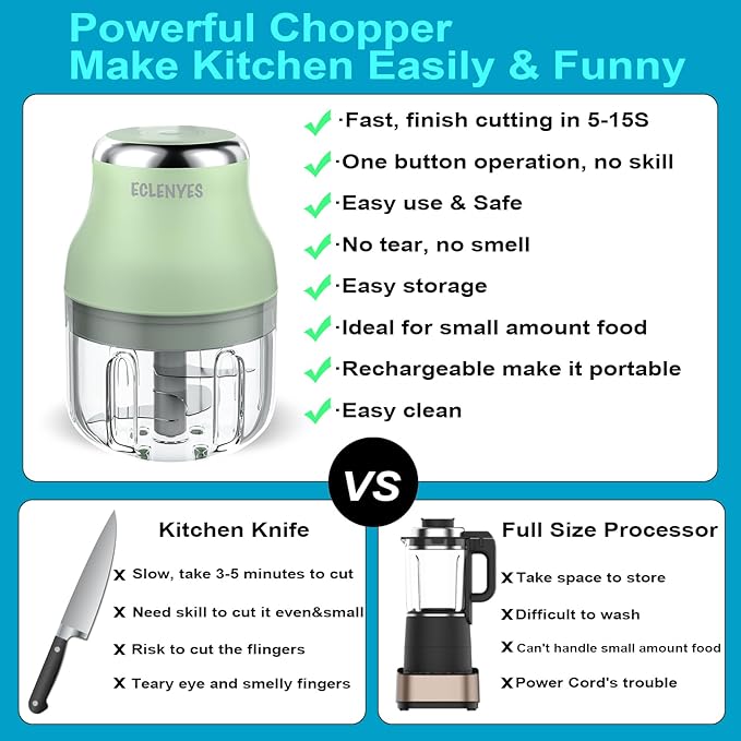 Vegetable Chopper, Electric Garlic Chopper, 250ML USB Rechargeable Mini Blender, Powerful Small Food Processor, Blender to Vegetable, Wireless Food Cutter for Ginger, Chili, Fruit, Meat, etc（Green）