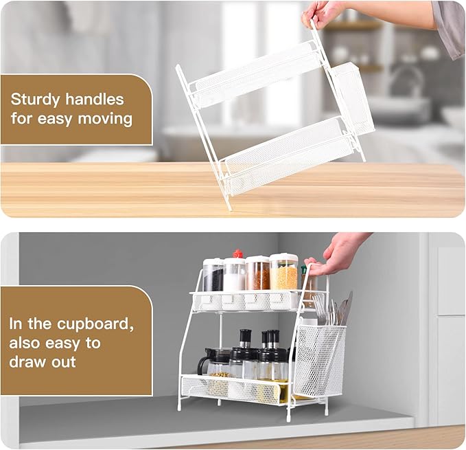 LEMIKKLE Countertop organizer for bathroom counter, bathroom organizers and storage, spice rack organizer for kitchen counter shelf with small basket(White)