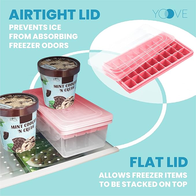 Ice Cube Tray With Lid & Bin | BPA Free Silicone Ice Cube Tray With Lid, Container & Tong | Stackable 36 Nugget Ice Tray for Freezer With Easy Release for Cocktails & Whisky,36 Mini Cubes