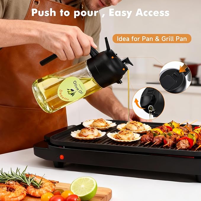Oil Sprayer for Cooking,470ml Cooking Olive Oil Sprayer and Oil Dispenser 2 In 1, Food-grade Glass Oil Spray Bottle Mister for Air Fryer, BBQ, Griddle (Black+transparent glass and color label)