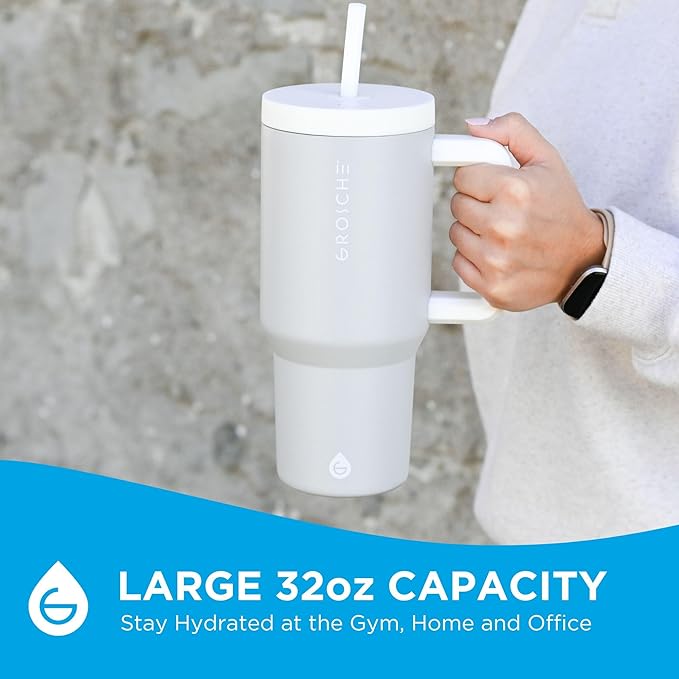 GROSCHE ASPEN 32 oz Tumbler with Handle and Straw. Extreme Insulation, Classy Design, Built to Last Insulated Stainless Steel Tumbler with Handle, Lid and Straw - Lunar Grey