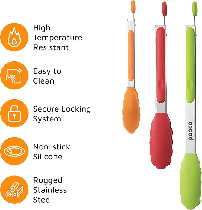 Popco 3-Piece Kitchen Tongs Set – Stainless Steel Heat Resistant Silicone Tips, Strong Comfort Grip, 3 Sizes (7, 9, 12 Inch), Non-Scratch, Dishwasher Safe, for Cooking, BBQ, Salad